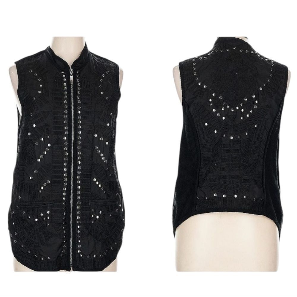 Johnny Was Biya Studded Zip Vest Silver Chain Embroidery Size L Boho Grunge